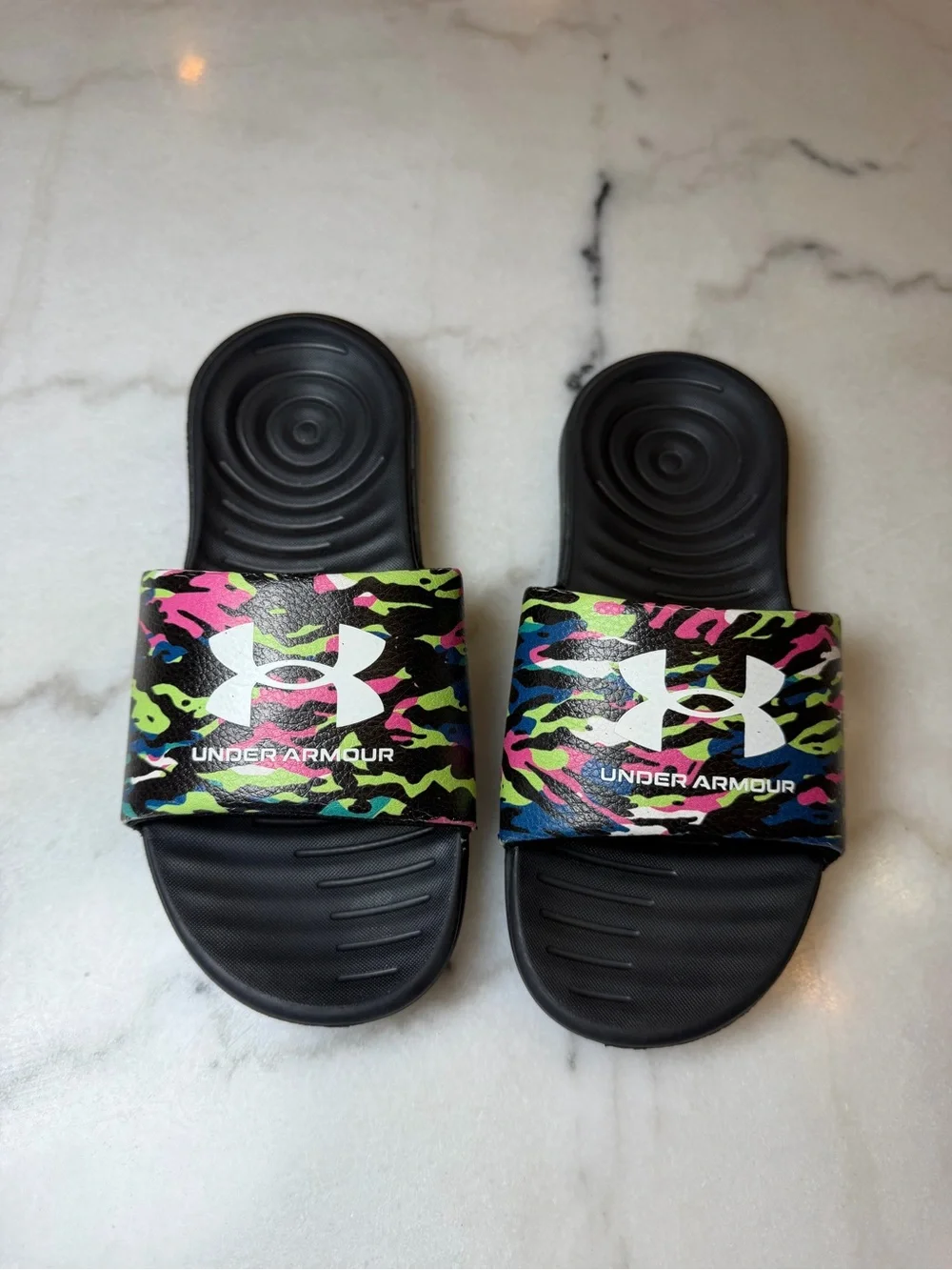 Under Armour Black Slides with Neon Pink, Green & Blue Camo Strap